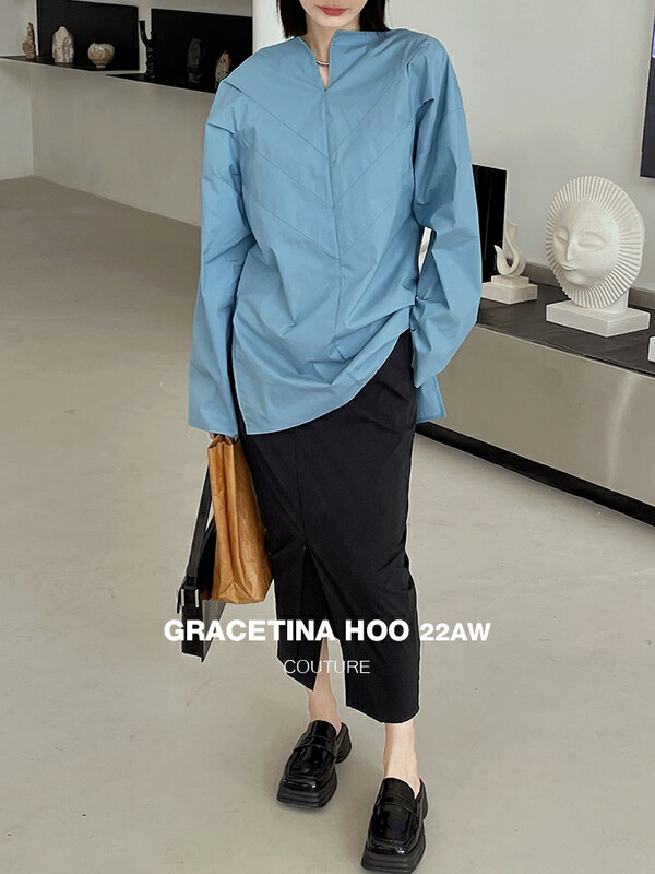 【GRACETINA HOO】Cut niche cross V-neck loose stand-up collar shirt CS3161