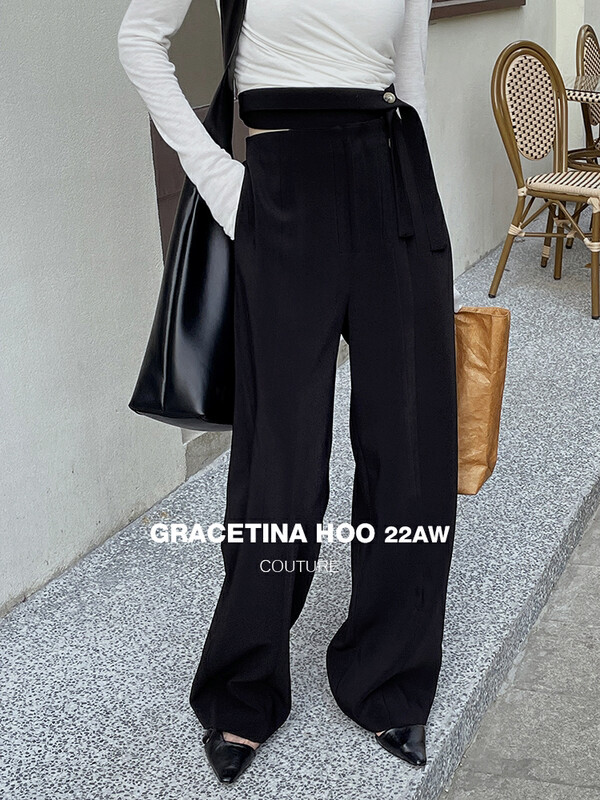 Original price 98.99! [GRACETINA HOO] High waist double layer drape belt design straight casual pants K8232