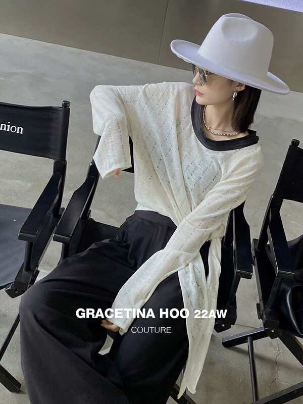 Original price 73.32! [GRACETINA HOO] niche stitching U-neck knitted hollow shirt CS3207