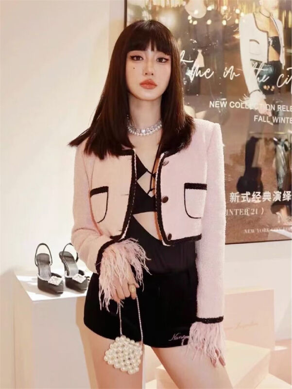 New in autumn! [66 clothing] retro round neck color-blocking short coat L5194# JJ