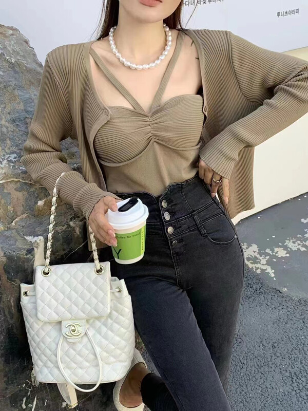 New in early autumn! [BAOBAO (FAN FAN)] Simple and versatile breasted knitted cardigan + solid color versatile vest suit 0568# OZQ