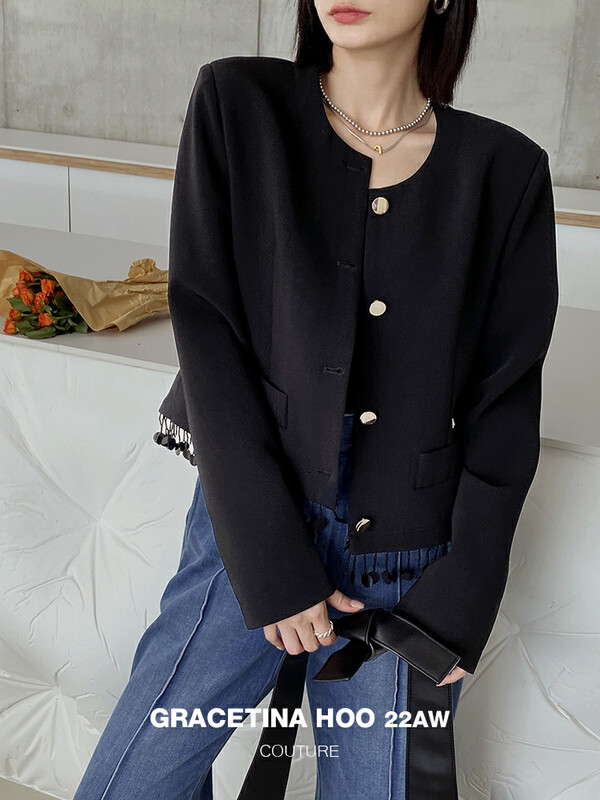Original price 157.79! 【GRACETINA HOO】Small fragrant silhouette detachable tassel sequin suit lazy, loose, slim and versatile WT6188