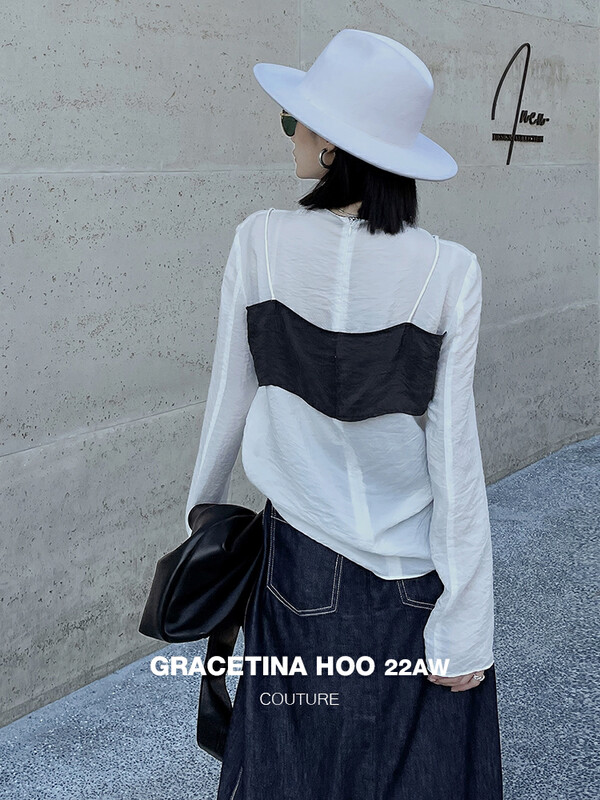 [GRACETINA HOO] Fake two-piece niche contrast color stitching design shirt CS5197