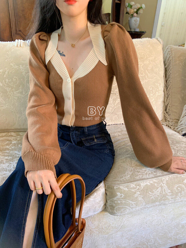 New in early autumn! [BEST OF YOU] French retro temperament slim puff sleeve V-neck knitted cardigan 6311# HBX