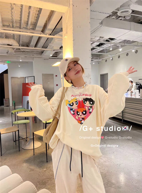 New in autumn! [G+] Beautiful girl print loose sweater 22056# WTT