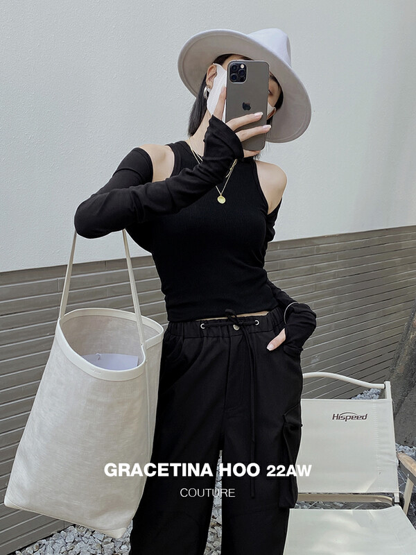 (gracetina Hoo) two piece stitched long sleeve T-shirt t777 # cqw