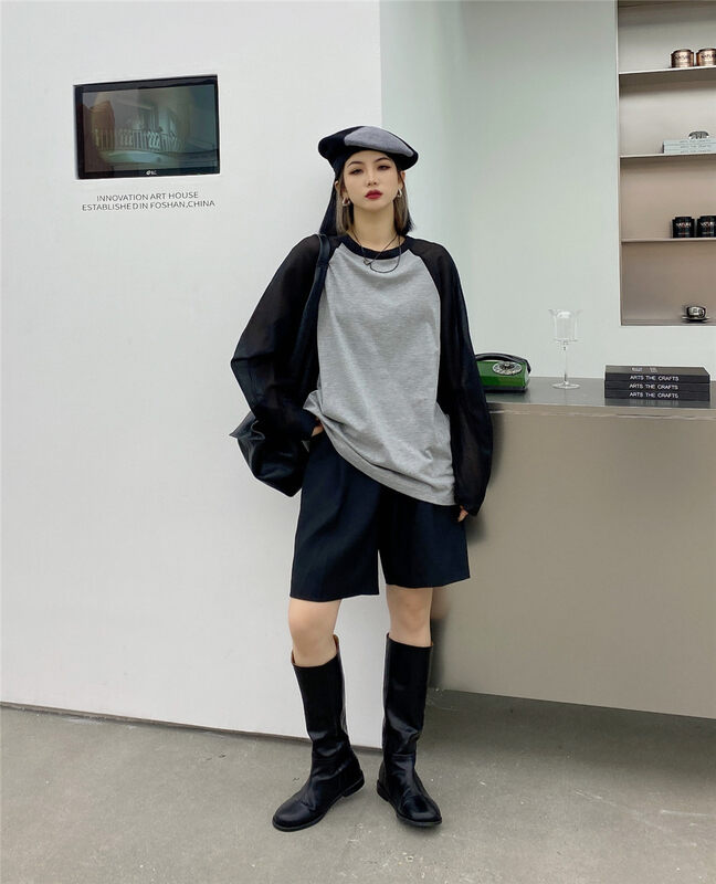 New in early autumn! [HYSO] color-blocking loose all-match long-sleeved T-shirt 70096# XJ