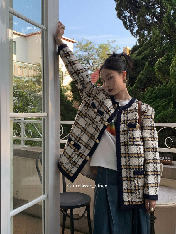 Live ⑪! Autumn is new! [DT CLASSIC] High-end fashionable big-name plaid fashion single-breasted small fragrant style duffel short coat D4973# JHY