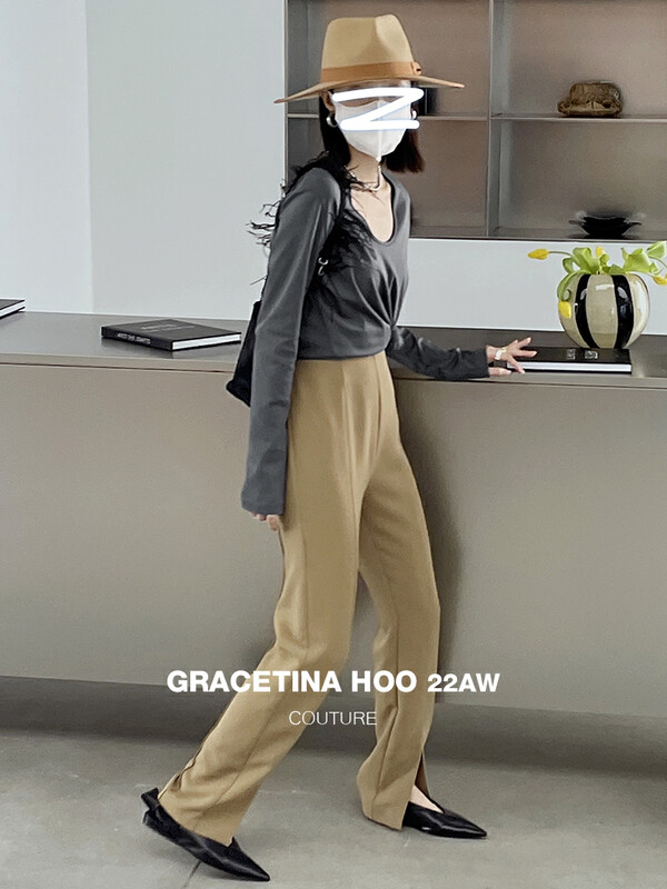 【GRACETINA HOO】Waistless design niche high-waisted slit Slim fit casual pants K8275