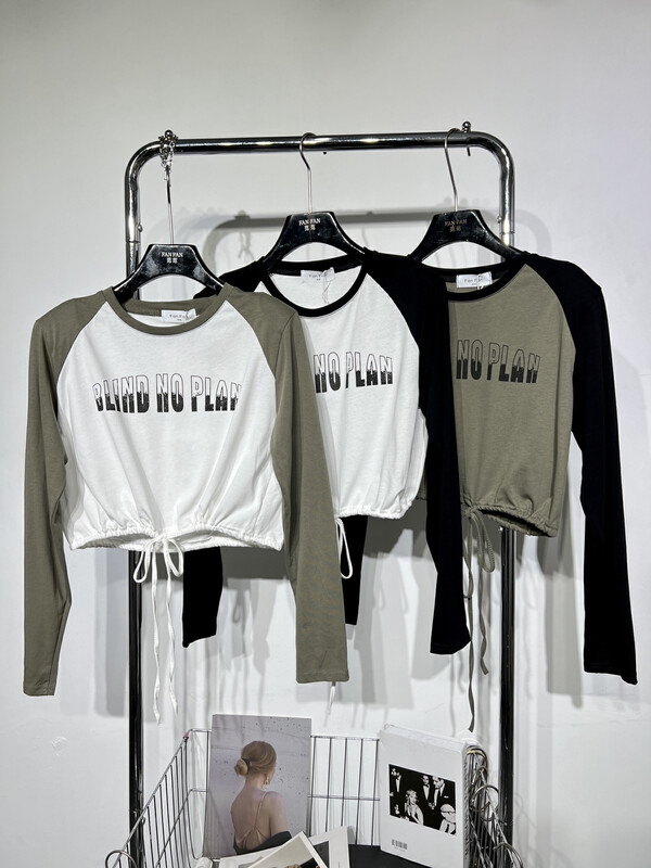 New in autumn!  【BAOBAO（FAN FAN）】Casual and simple color-block letter drawstring long-sleeved T-shirt 0679# OZQ