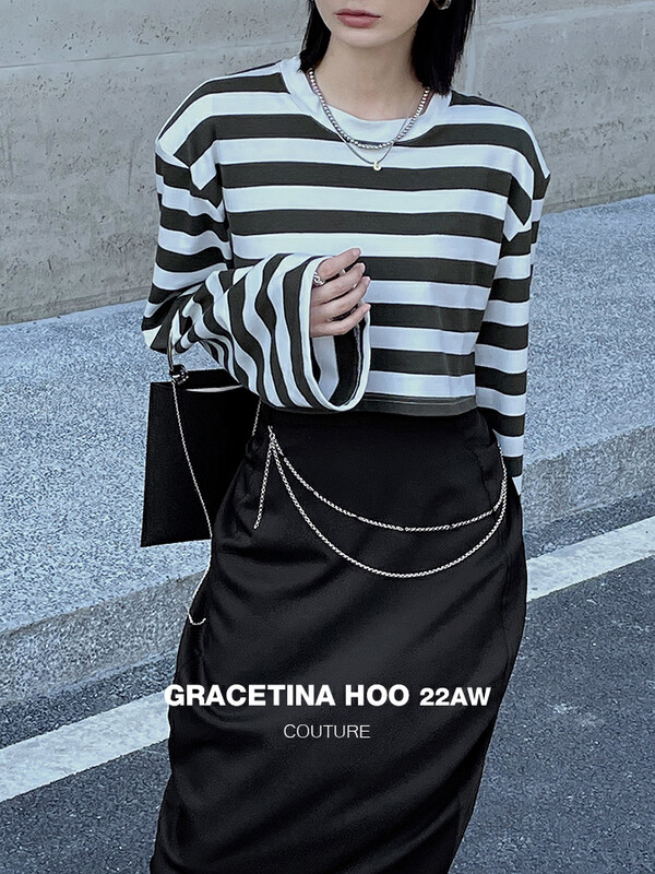 [GRACETINA HOO] Striped slim long-sleeved short sweater WY339