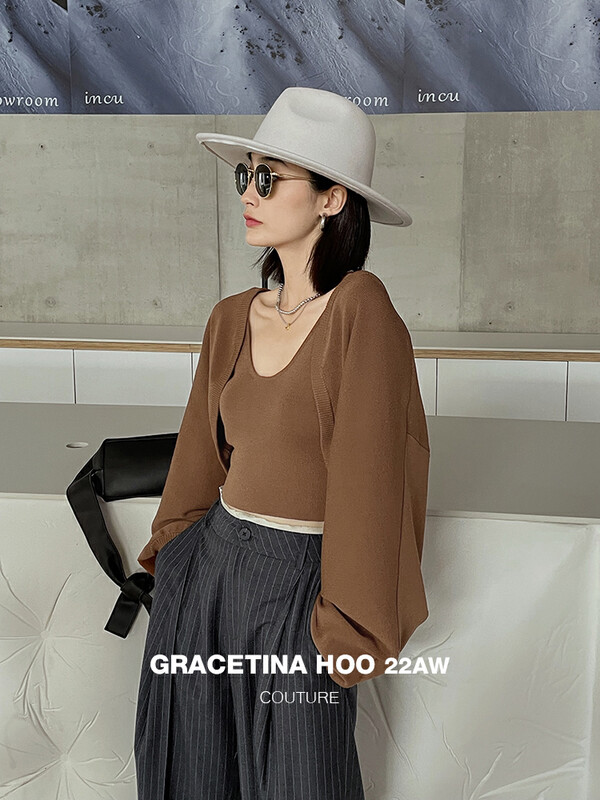 【GRACETINA HOO】Simple knitted suspender cardigan suit Z891