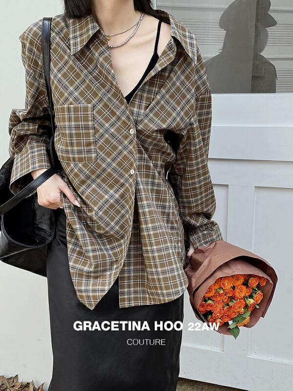 【GRACETINA HOO】Irregular design with waist plaid shirt CS6281# CQW