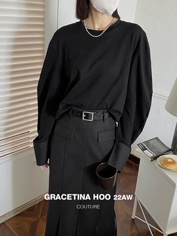 【GRACETINA HOO】Designed shirt cuffs stitched knitted long-sleeved T-shirt (curved sleeves lazy and loose) T2145# CQW