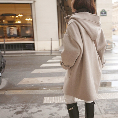  autumn and winter new hooded woolen coat female student Korean college style long horn button woolen coat