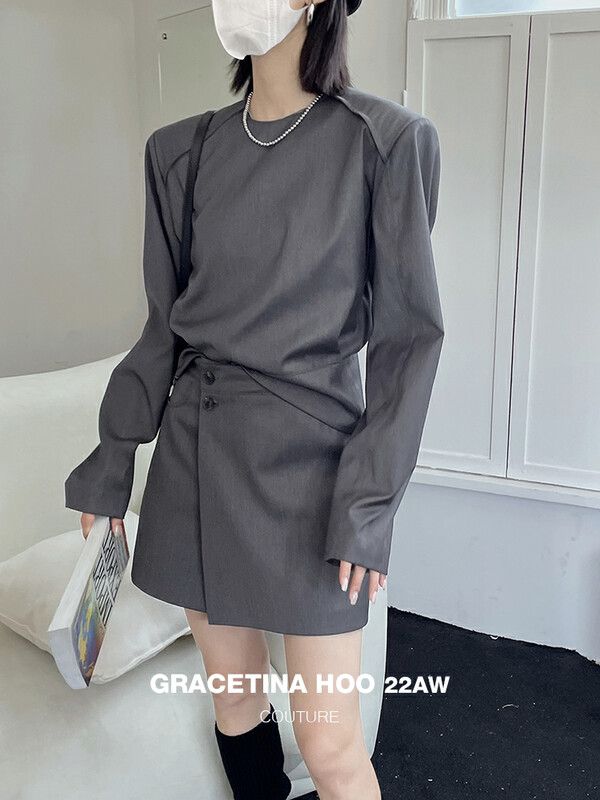 【GRACETINA HOO】Simple drape cut can be worn alone and can be stacked with a lazy loose pullover suit WT3167# CQW