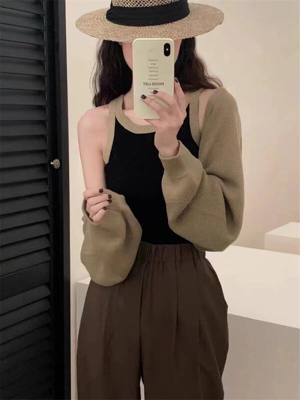 New in autumn! [BINGBING] Doll sleeve design knitted cardigan + simple camisole suit YS1-8600# XYJ