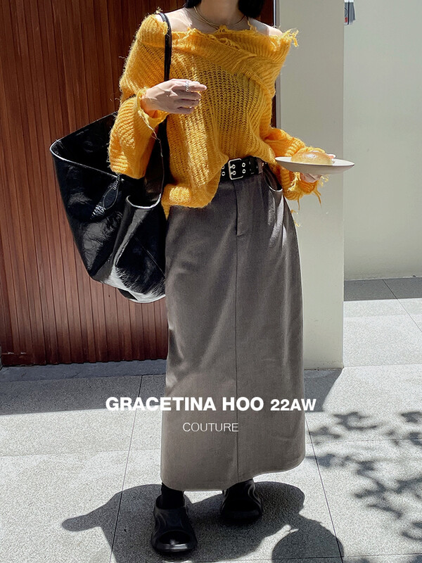 [GRACETINA HOO] Simple arc-shaped pockets, three-dimensional pockets, decorative all-match skirts, lazy, loose, and inclusive H-type BQ6205-1