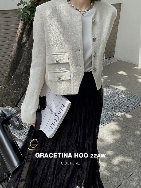 【GRACETINA HOO】Simple and exquisite high-definition four-port decoration heavy industry small fragrant style woolen short coat WT3149# CQW