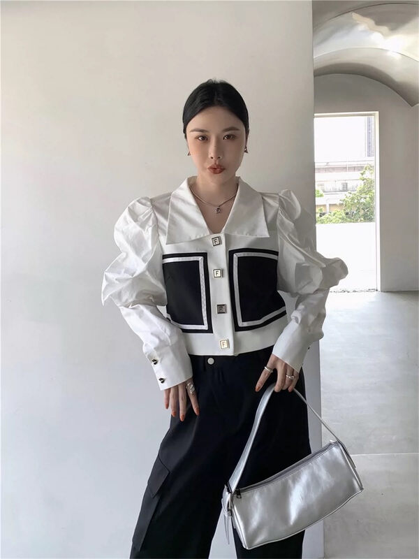 New in early autumn! [66 clothing] niche design breasted color-blocking shirt P5589# JJ