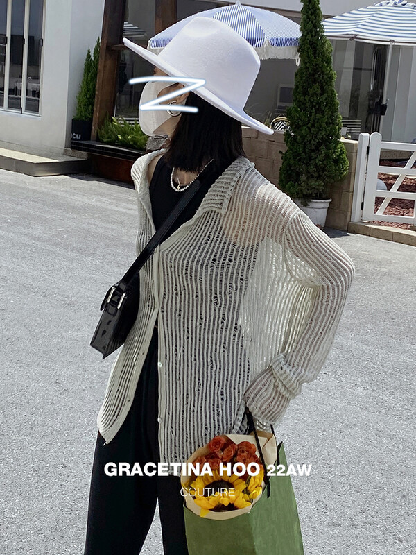 [GRACETINA HOO] niche hollow sunscreen knitted cardigan with exquisite lapel Z863