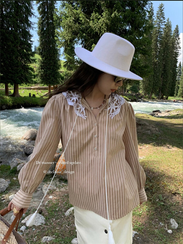 New in early autumn!【DT CLASSIC】Korean striped crochet lapel loose shirt D4948-B1# JHY
