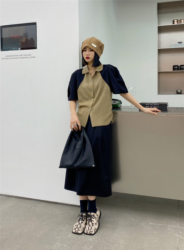 New in early autumn! [HYSO] lapel stitching knitted short-sleeved shirt 70080# XJ