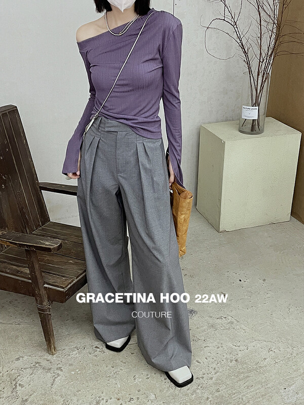 [GRACETINA HOO] Simple solid color three-dimensional pleated high waist trousers button decoration K9238