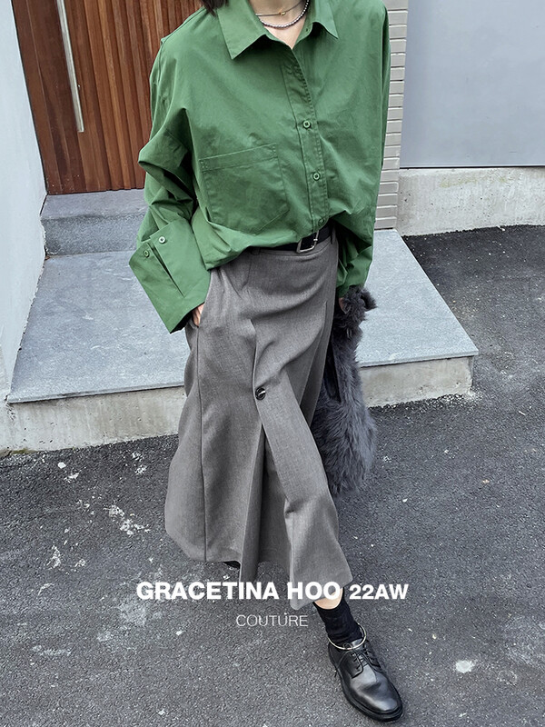 【GRACETINA HOO】Single Pocket Design Simple Outline Long Sleeve Shirt CS5234