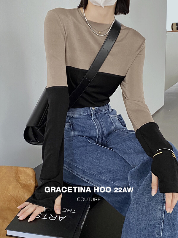 [GRACETINA HOO] Light-feeling, soft, color-blocking, and slimming, long-sleeved T-shirt T3130