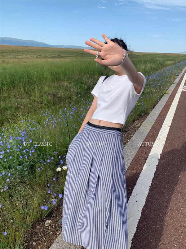 New in early autumn! [DT CLASSIC] Striped temperament high-waisted large-swing skirt 4834# XYJ
