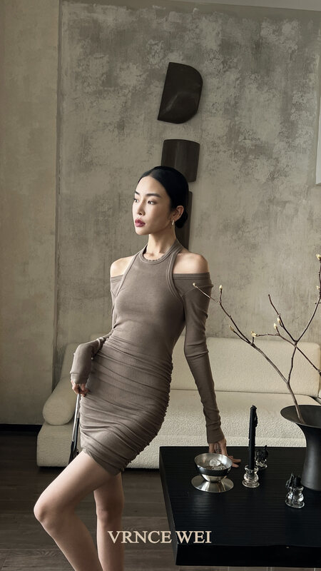 New in early autumn! [VRNCE] pleated slim sexy dress 5315# XYJ