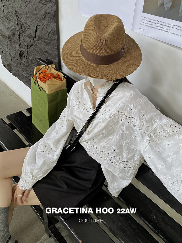 [GRACETINA HOO] Customized niche hollow embroidery small stand-up collar shirt CS6261