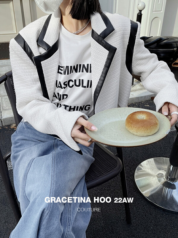 [GRACETINA HOO] Contrast color bright line texture short coat high-quality texture small fragrance WT3146