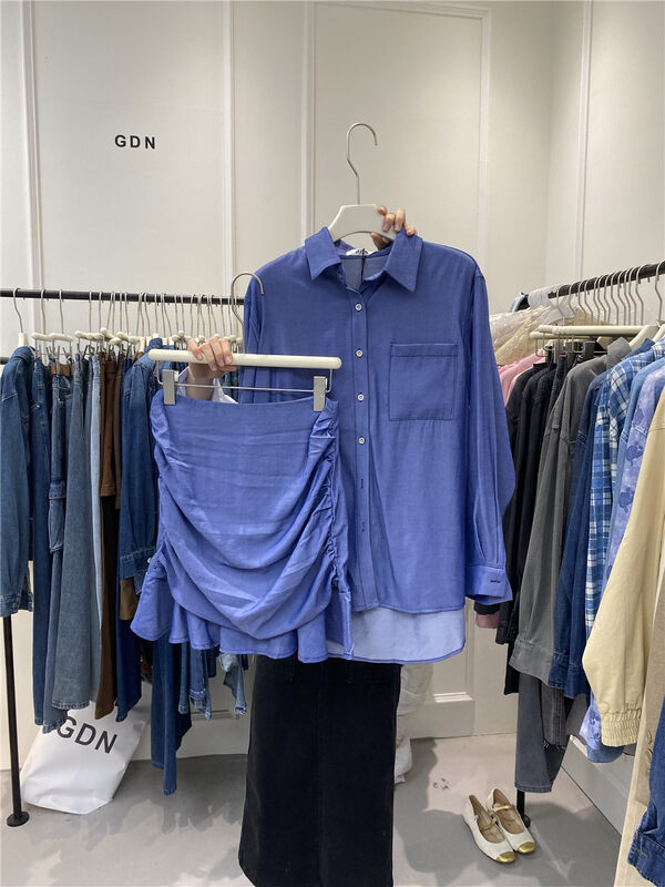 Autumn is new! [GDN] Korean version buttoned washed shirt + high waist slim skirt suit YS1-F207# OZQ