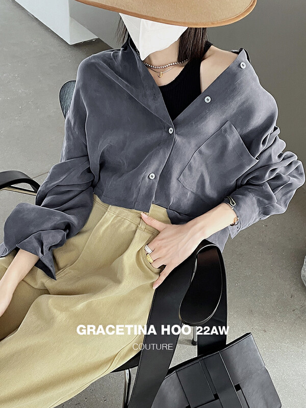Original price 91.99! [GRACETINA HOO] Very simple pocket design cupro silk shirt CS555-1