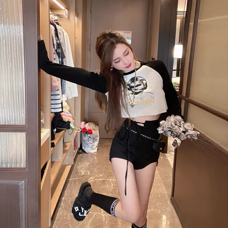 New in autumn! [BAOBAO (FAN FAN)] trendy print pattern color matching raglan short long-sleeved T-shirt 0709# OZQ