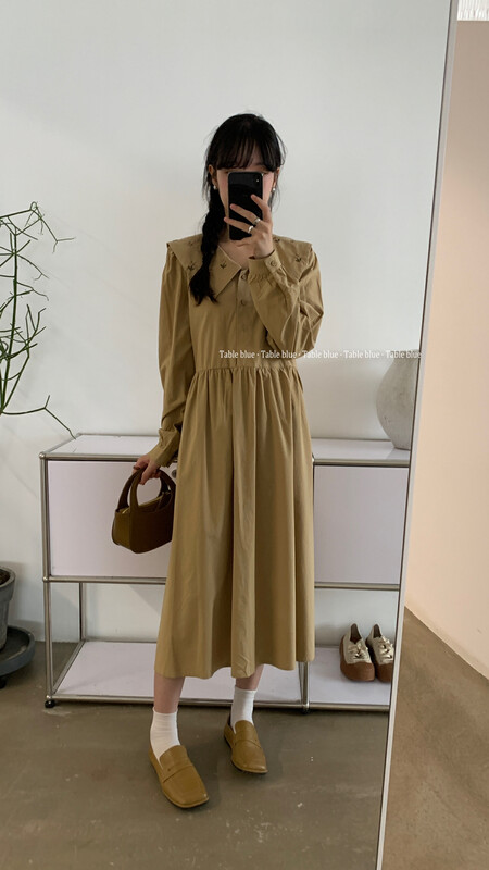 Early autumn new style!【TABLE BLUE】Large lapel embroidered solid color dress T3028# LSW