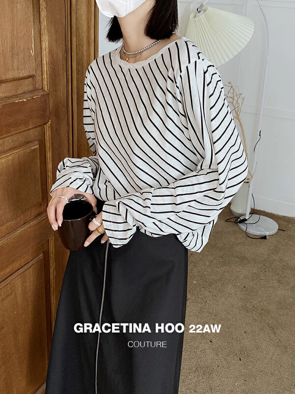 【GRACETINA HOO】Simple hand-twisted irregular round neck long-sleeved T-shirt (lazy loose and versatile) T6232# CQW