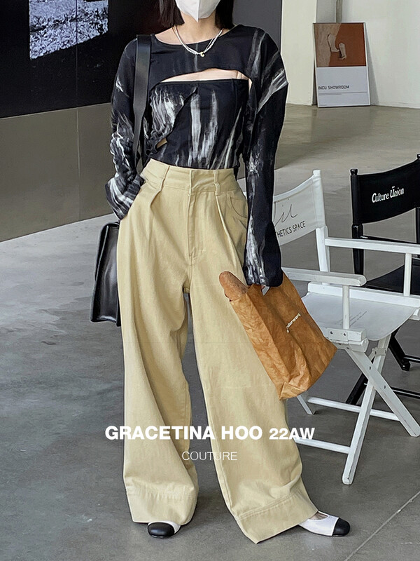 【GRACETINA HOO】Cotton Solid Color Retro High Waist Outline Double Button Jeans N231