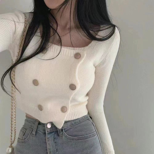 Retro chic autumn French niche design double-breasted square collar cropped navel short sweater sweater top women