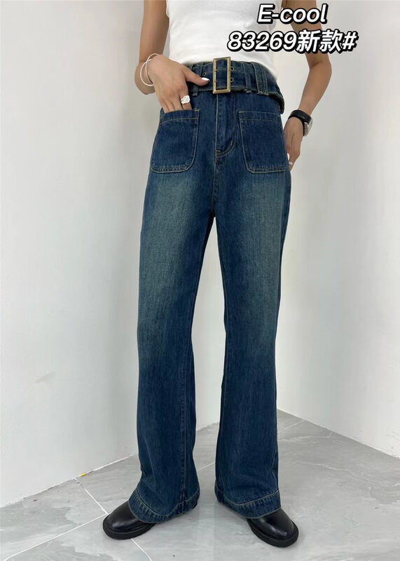 New in autumn! [Pants and denim] Retro high-waisted jeans (with belt) 83629# HJY