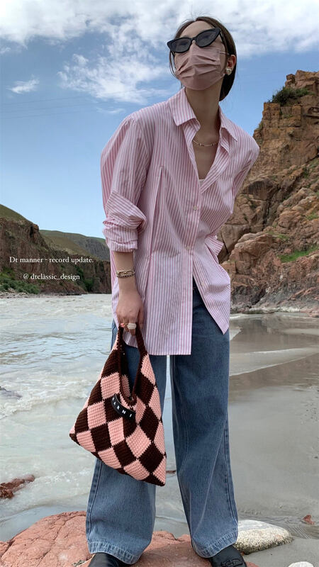 New in early autumn!【DT CLASSIC】Vertical striped all-match long-sleeved waist shirt D4989-L1# JHY