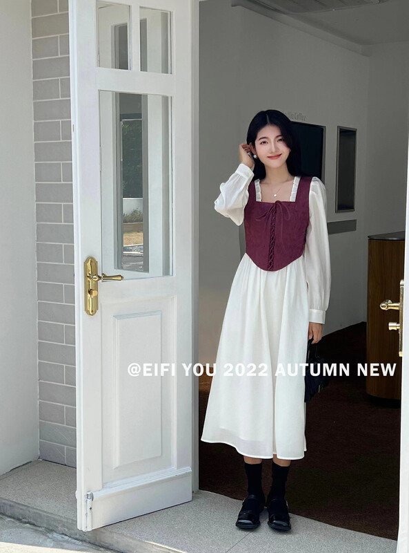 New in early autumn!【EI FI YOU】French stitching design puff sleeve waist dress 5170# LSL