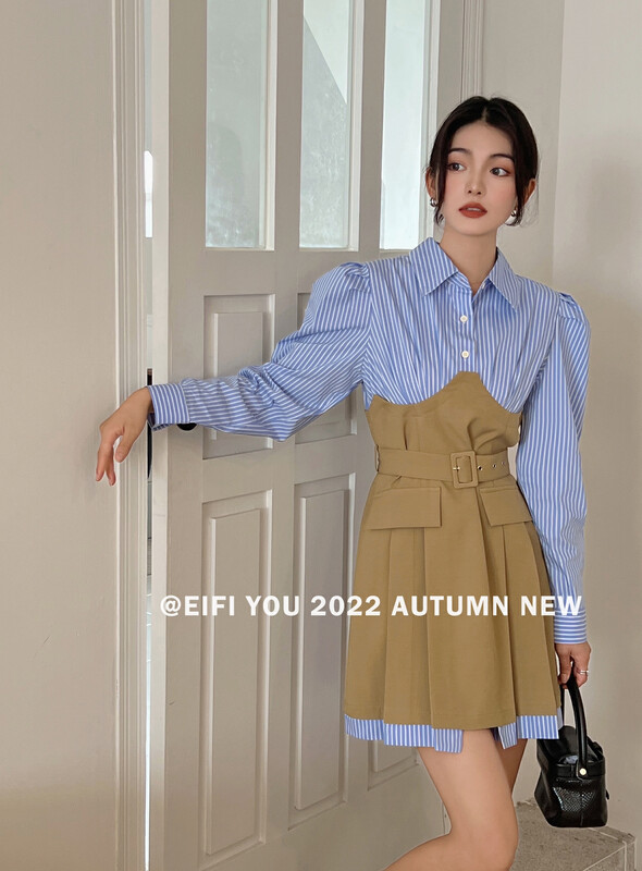New in early autumn! [EI FI YOU] ins style fake two-piece stitching slim dress (with belt) 5131# LSL