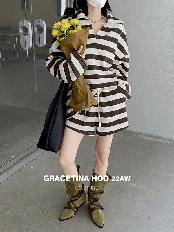 【GRACETINA HOO】Polo collar top elastic waist shorts striped suit TZ358