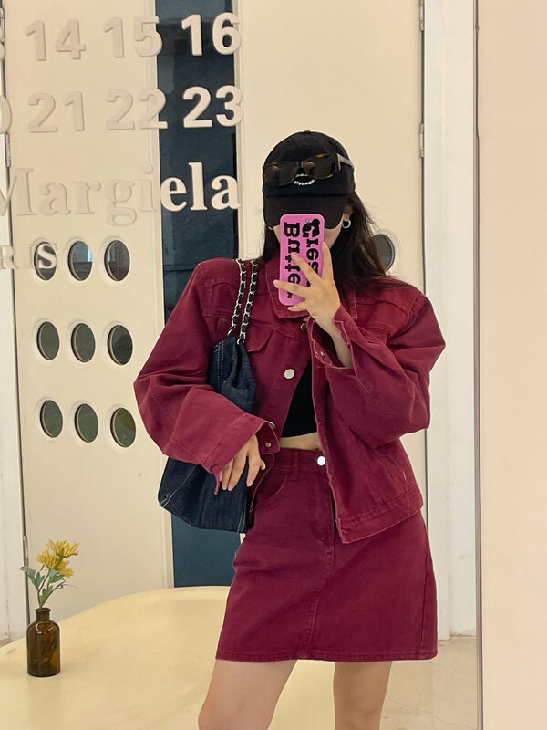 Autumn is new! [GDN] Korean all-match solid color denim jacket + A-line skirt suit 98063# OZQ