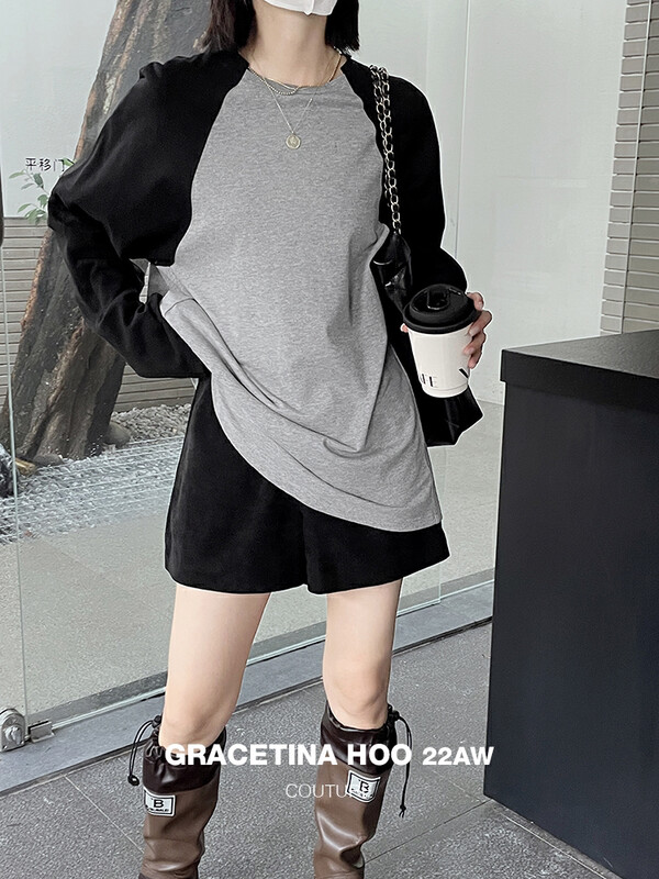 [GRACETINA HOO] Niche three-dimensional raglan sleeve color-blocking long-sleeved T-shirt T2233# CQW