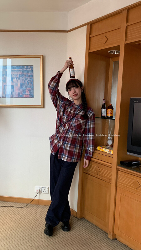 Early autumn new style!【TABLE BLUE】Korean version contrast color plaid shirt 3082# LSW
