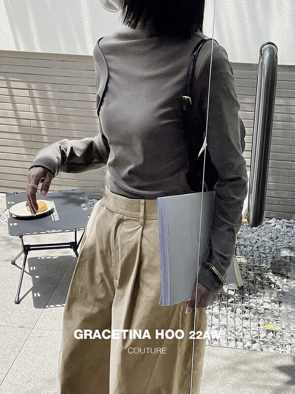 【GRACETINA HOO】Nice irregular neckline structure long-sleeved T-shirt T2231# CQW